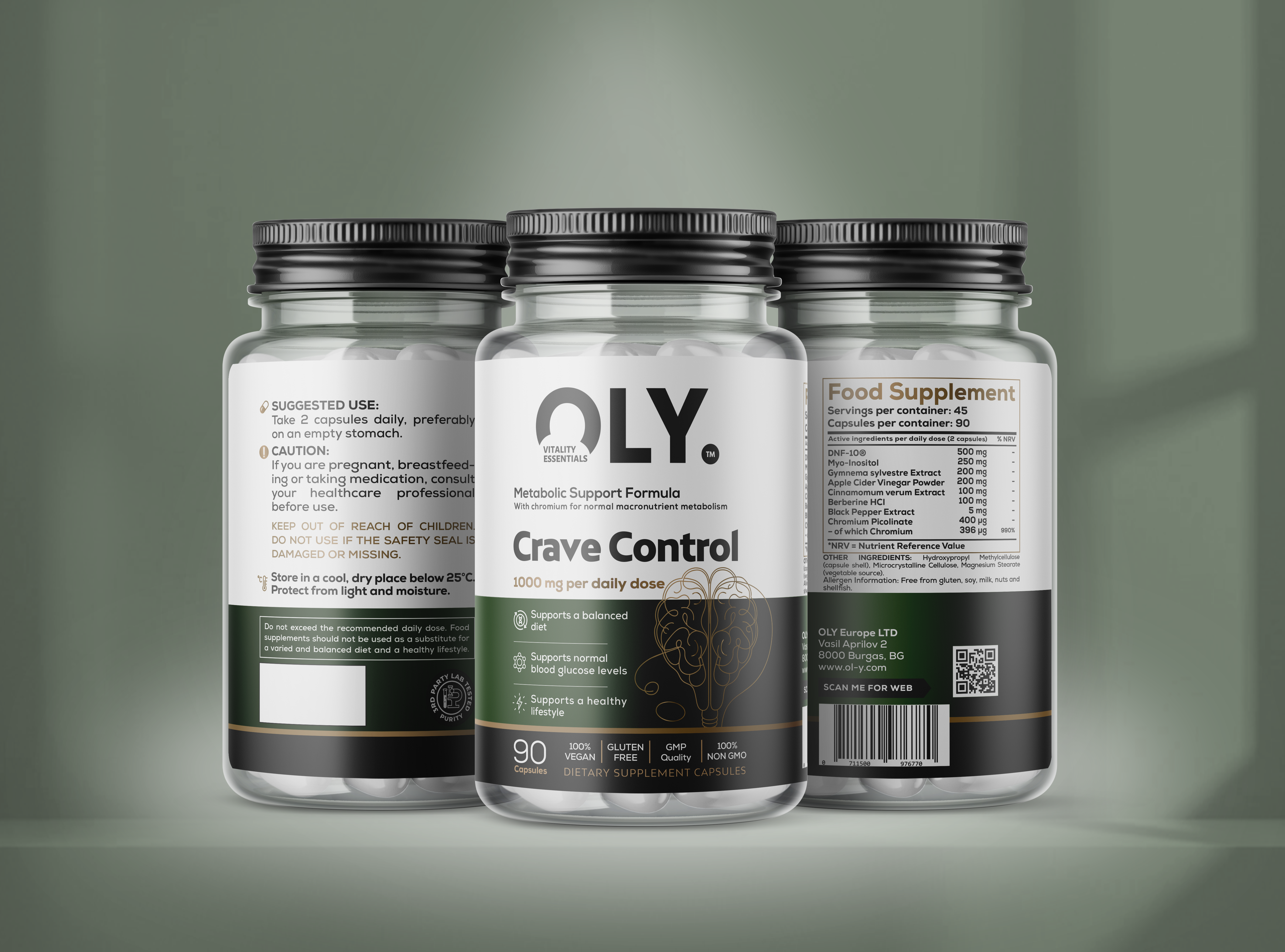 Tre burkar Oly Crave Control – veganskt kosttillskott för ämnesomsättning och sötsug