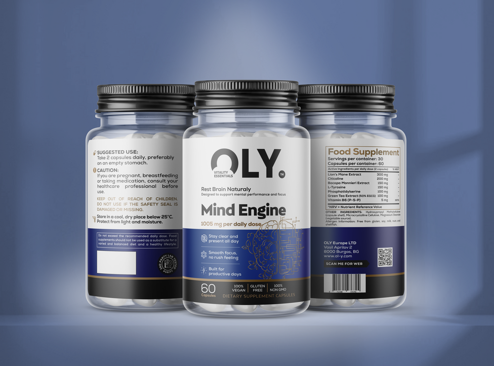 Tre burkar Oly Mind Engine – veganskt kosttillskott för fokus och mental prestation