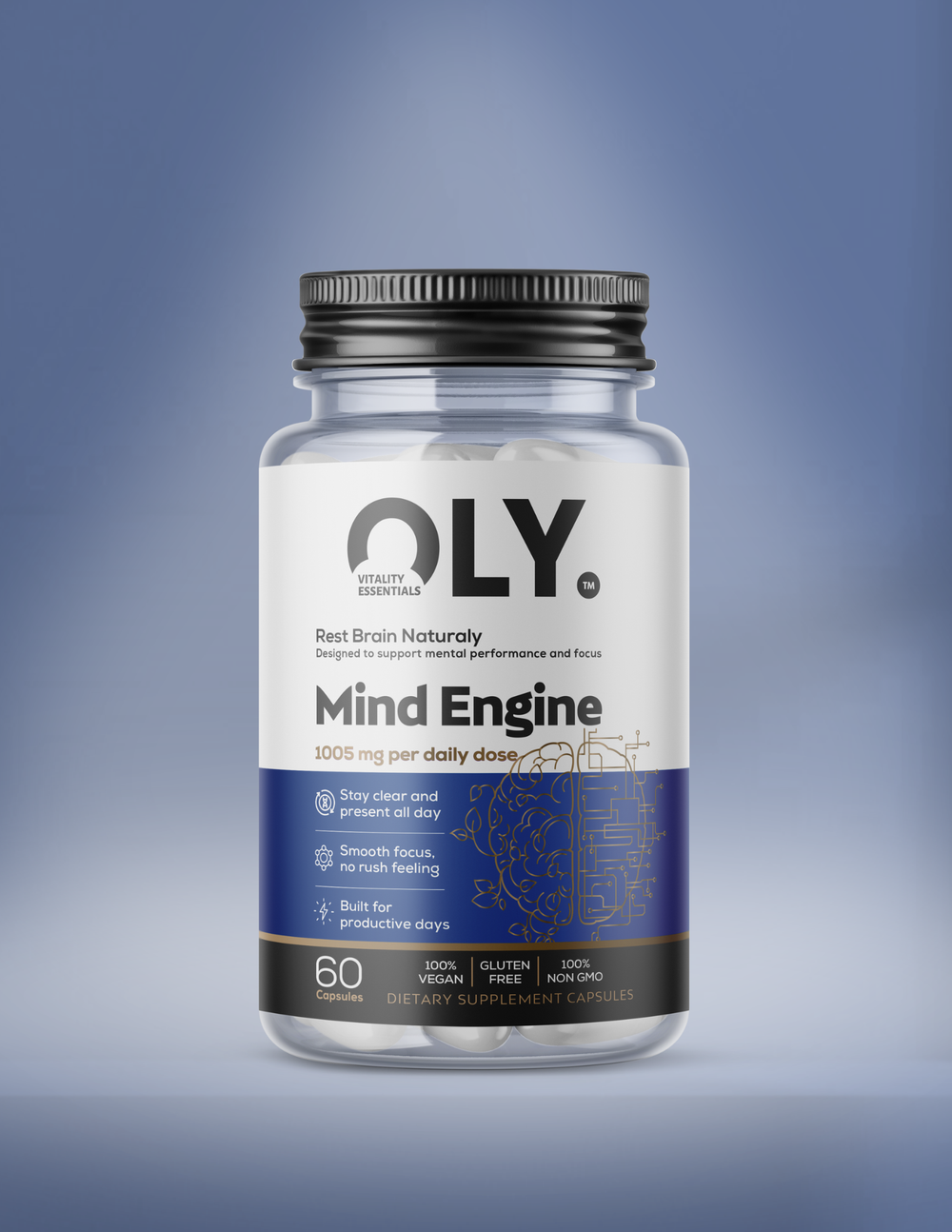 Oly Mind Engine 1005 mg – nootropiskt kosttillskott med lejonmanssvamp, citikolin, bacopa och vitamin B6, 60 veganska kapslar