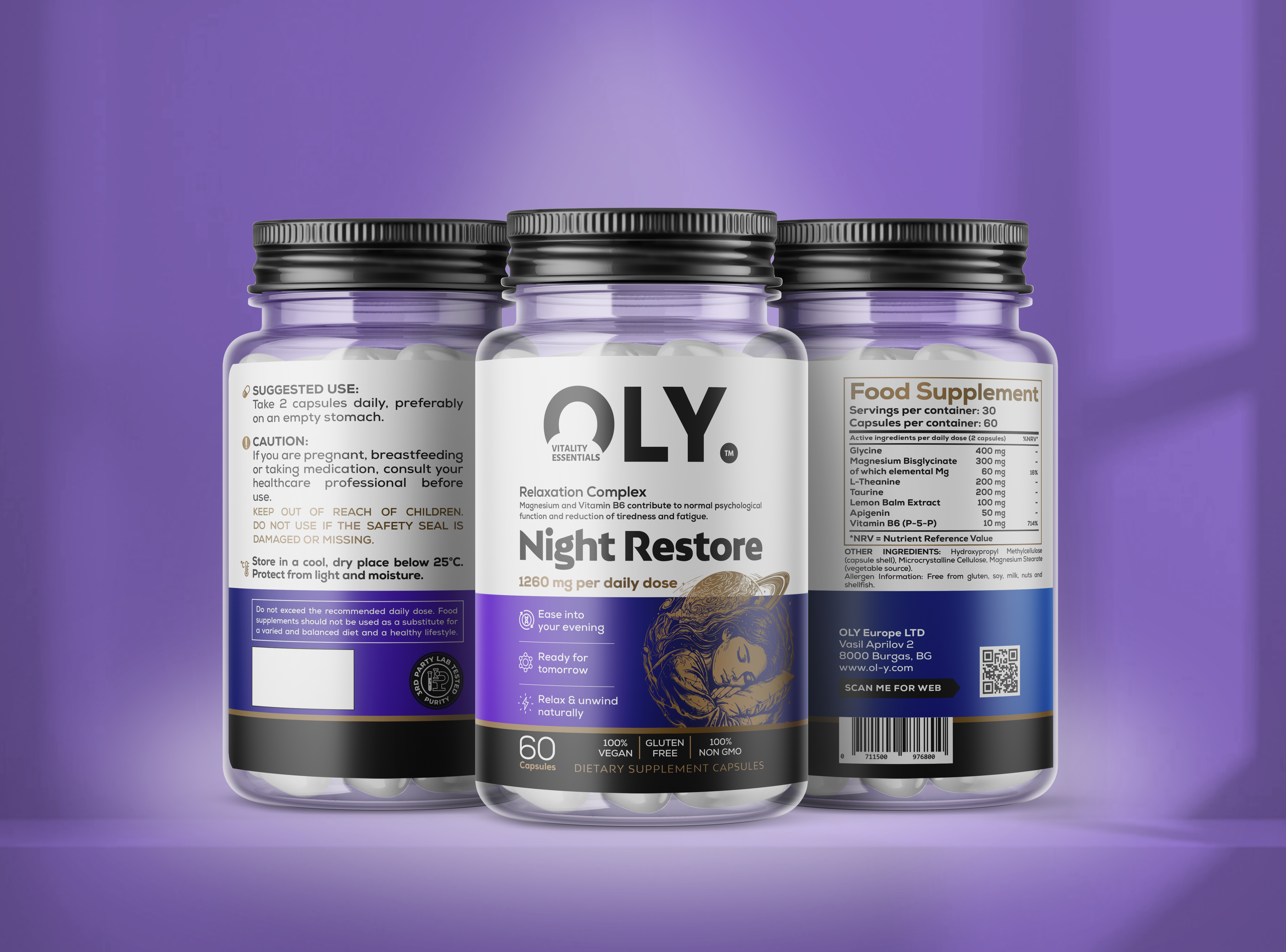 Tre burkar Oly Night Restore – veganskt kosttillskott som en del av kvällsrutinen