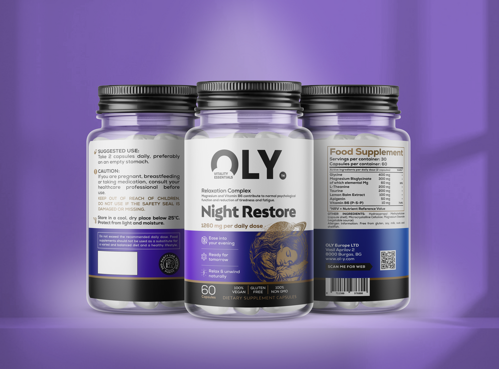 Tre burkar Oly Night Restore – veganskt kosttillskott som en del av kvällsrutinen