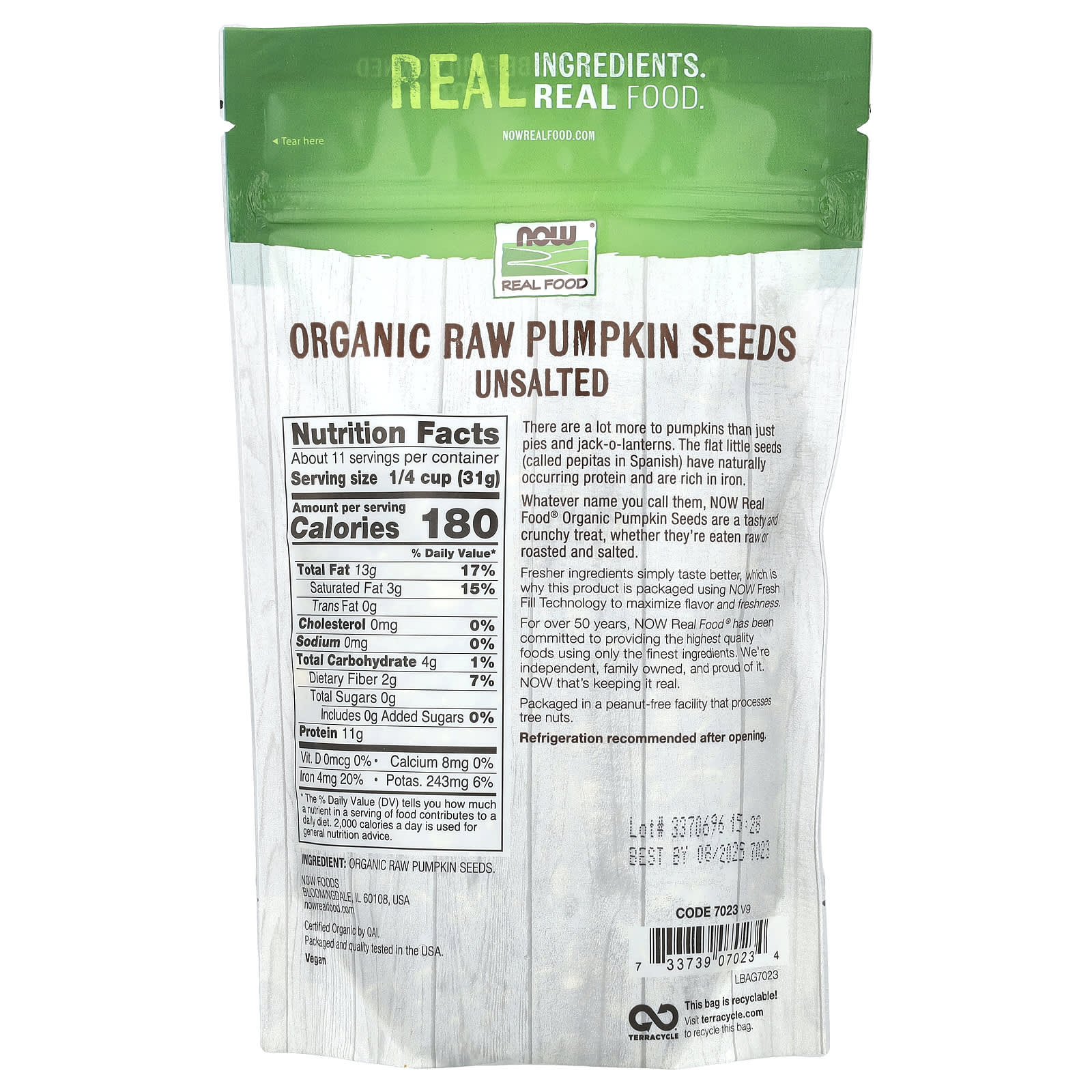 NOW Foods - Organic Raw Pumpkin Seeds - 340g (KORT DATO 2026-09-30)