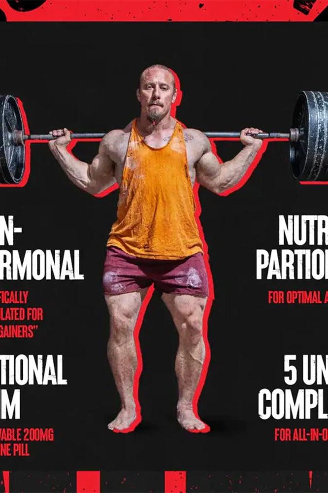 Man weightlifting with barbell; promoting Animal M-Stak supplement for muscle growth.