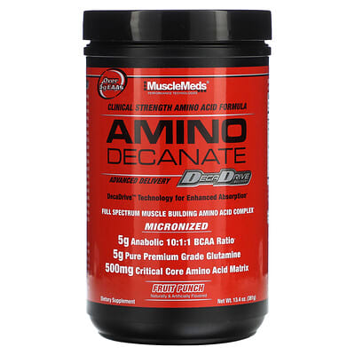 MuscleMeds Amino Decanate supplement jar featuring full spectrum amino acids and DecaDrive delivery technology.
