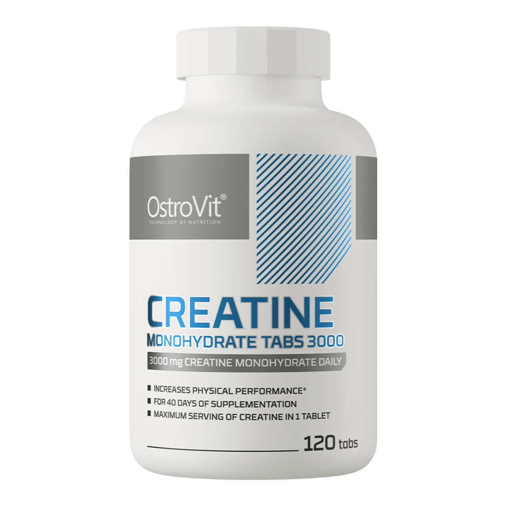 OstroVit Creatine Monohydrate tablets, 3000 mg per serving, enhances strength and endurance, 120 tablets.