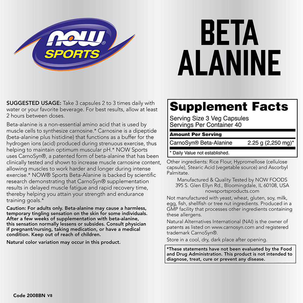 NOW Foods - Beta-Alanine 750mg - 120 kapselia (LYHYT VOIMASSAOLOAIKA 2026-09-30)