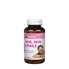 Vitaking Hair Skin & Nails Vitamin bottle for healthy hair, skin, and nails, featuring 30 tablets in a dark container.