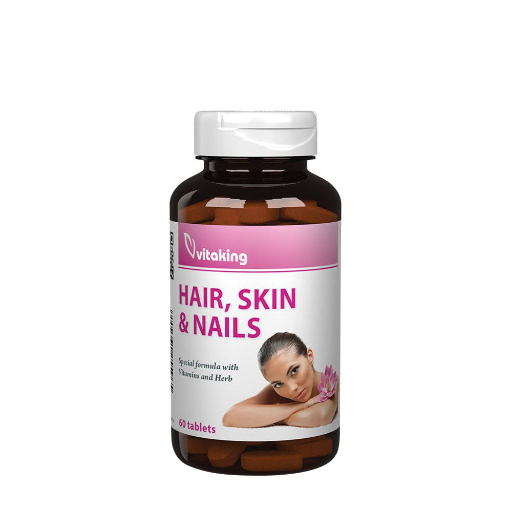Vitaking Hair Skin & Nails vitamin bottle with 60 tablets for stronger hair, skin, and nails.