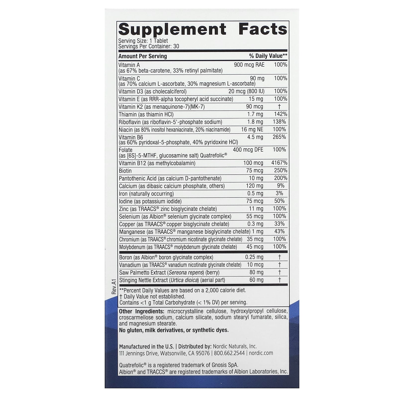 Men's Multivitamin One Daily ingredienser lista