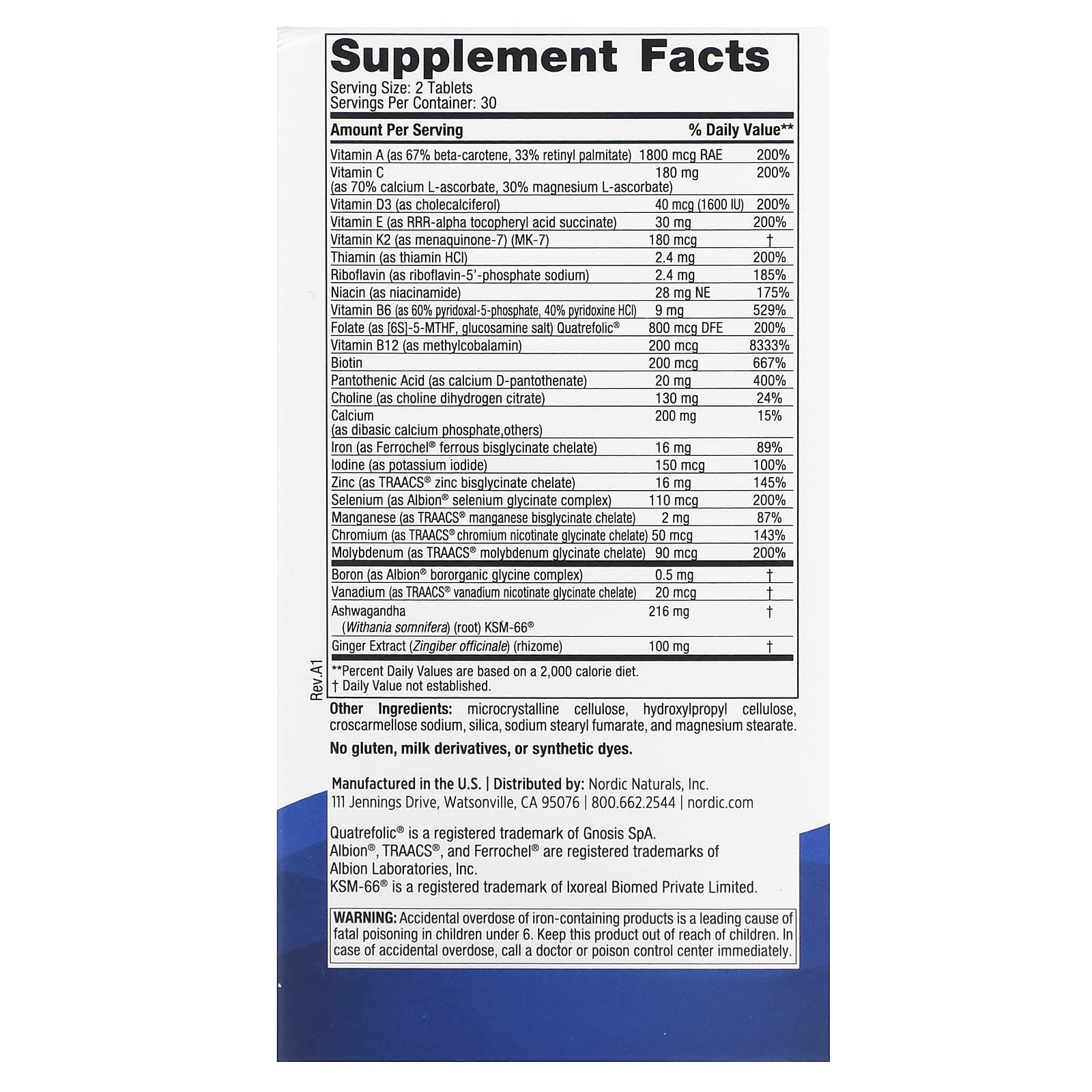 Nordic Naturals Women's Multivitamin baksida näringsfakta