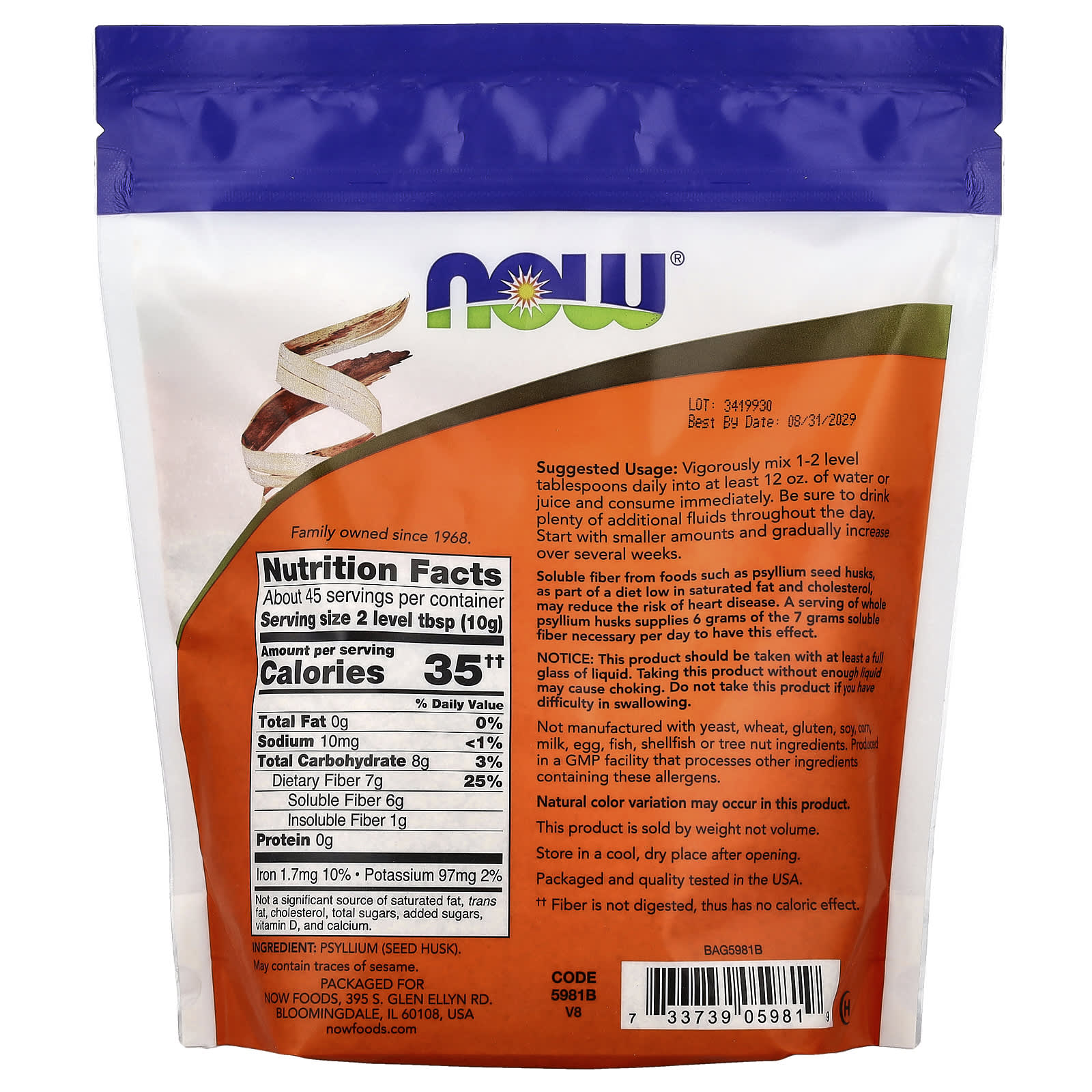 Now Foods Psyllium Husk näringsfakta