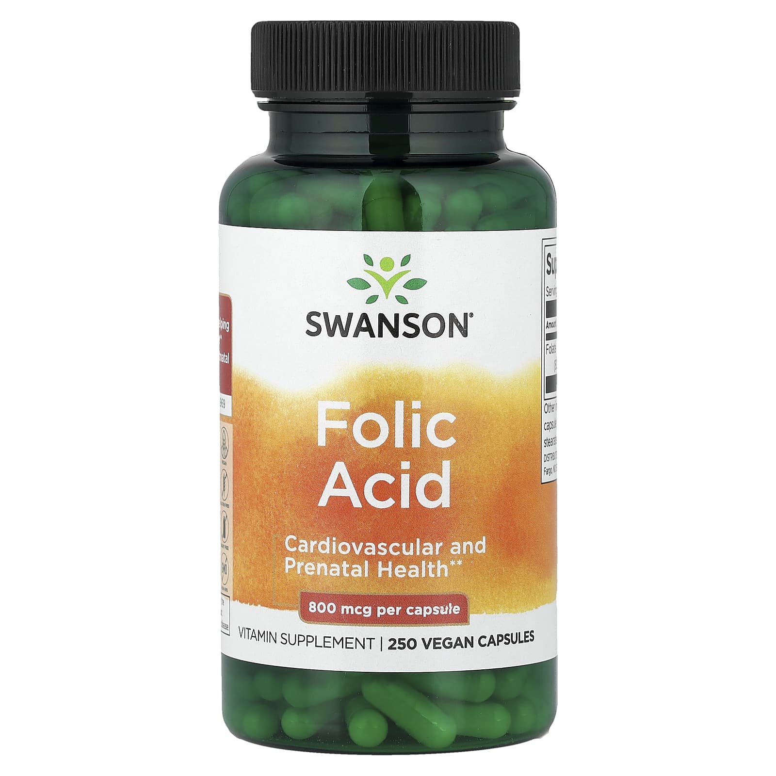 Folsyra 800 mcg – baksida med näringsfakta