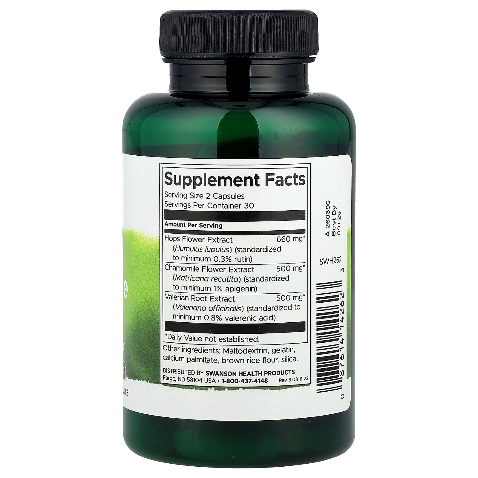 Swanson Full Spectrum Valerian, Chamomile & Hops öppen flaska