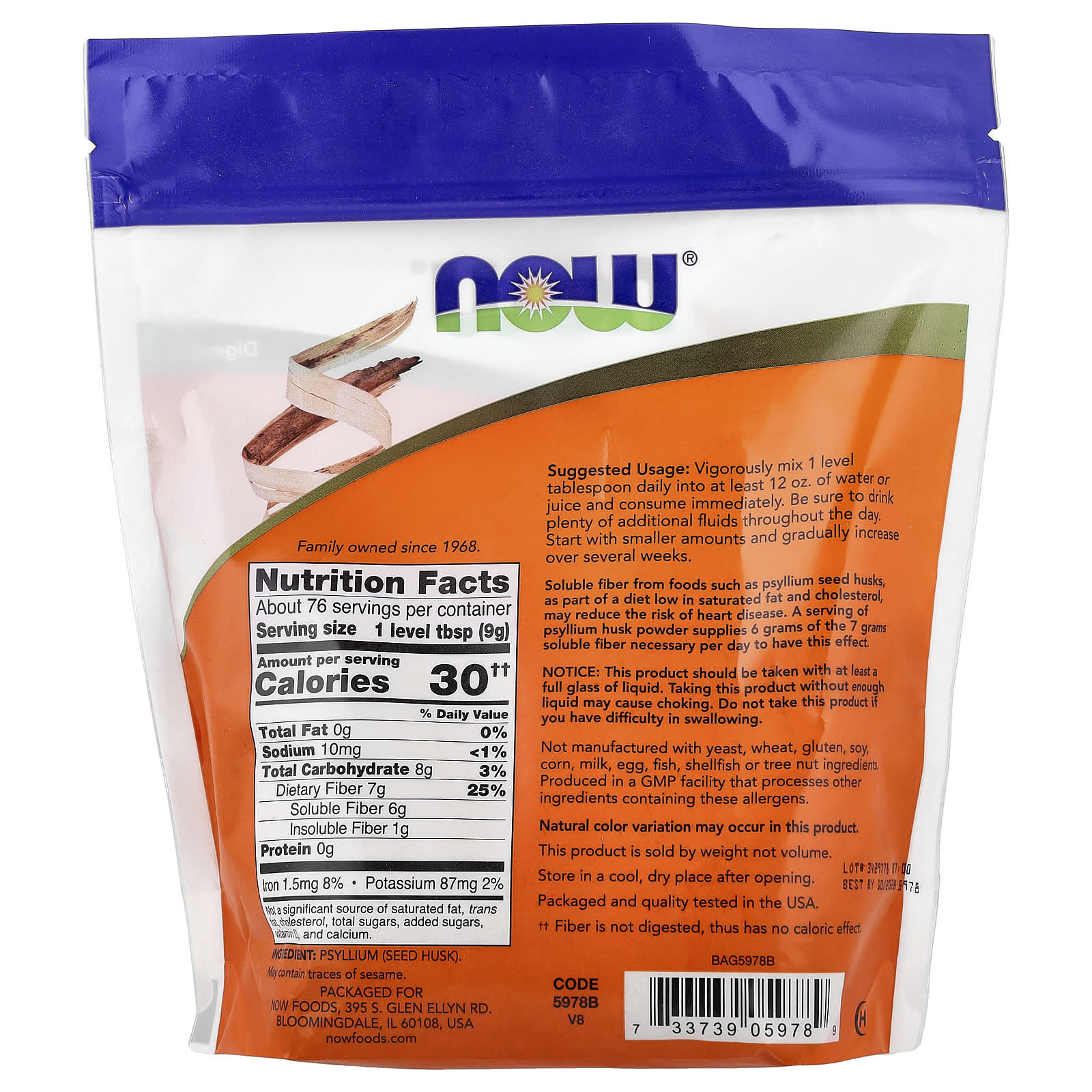 NOW Foods Psyllium Husk Powder baksida