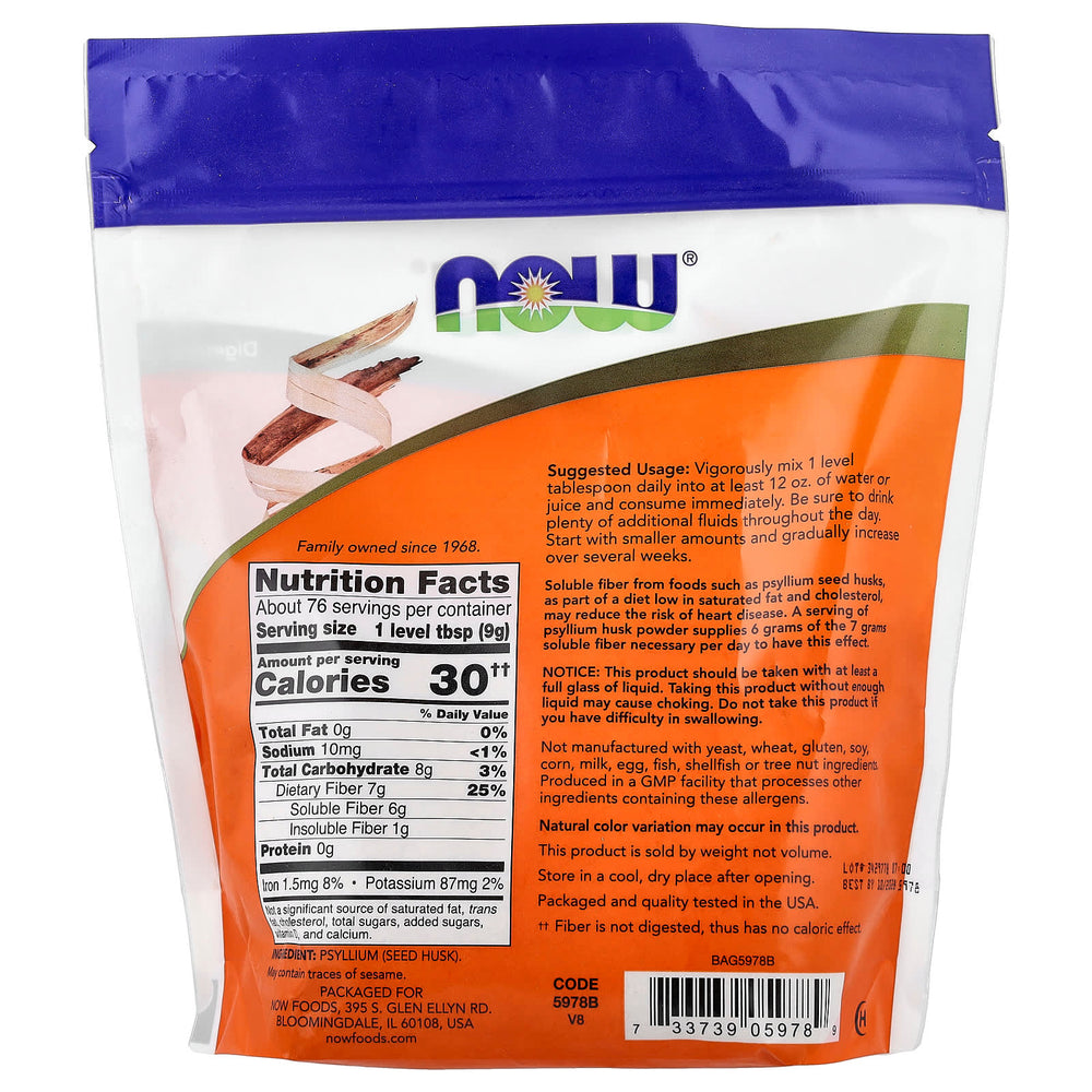 NOW Foods Psyllium Husk Powder baksida