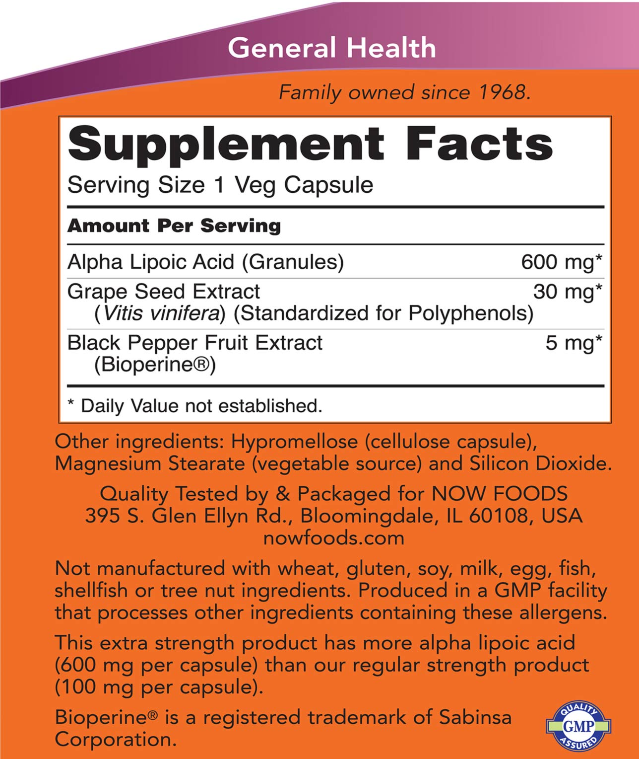 Alfa-liponsyra 600 mg näringsfakta