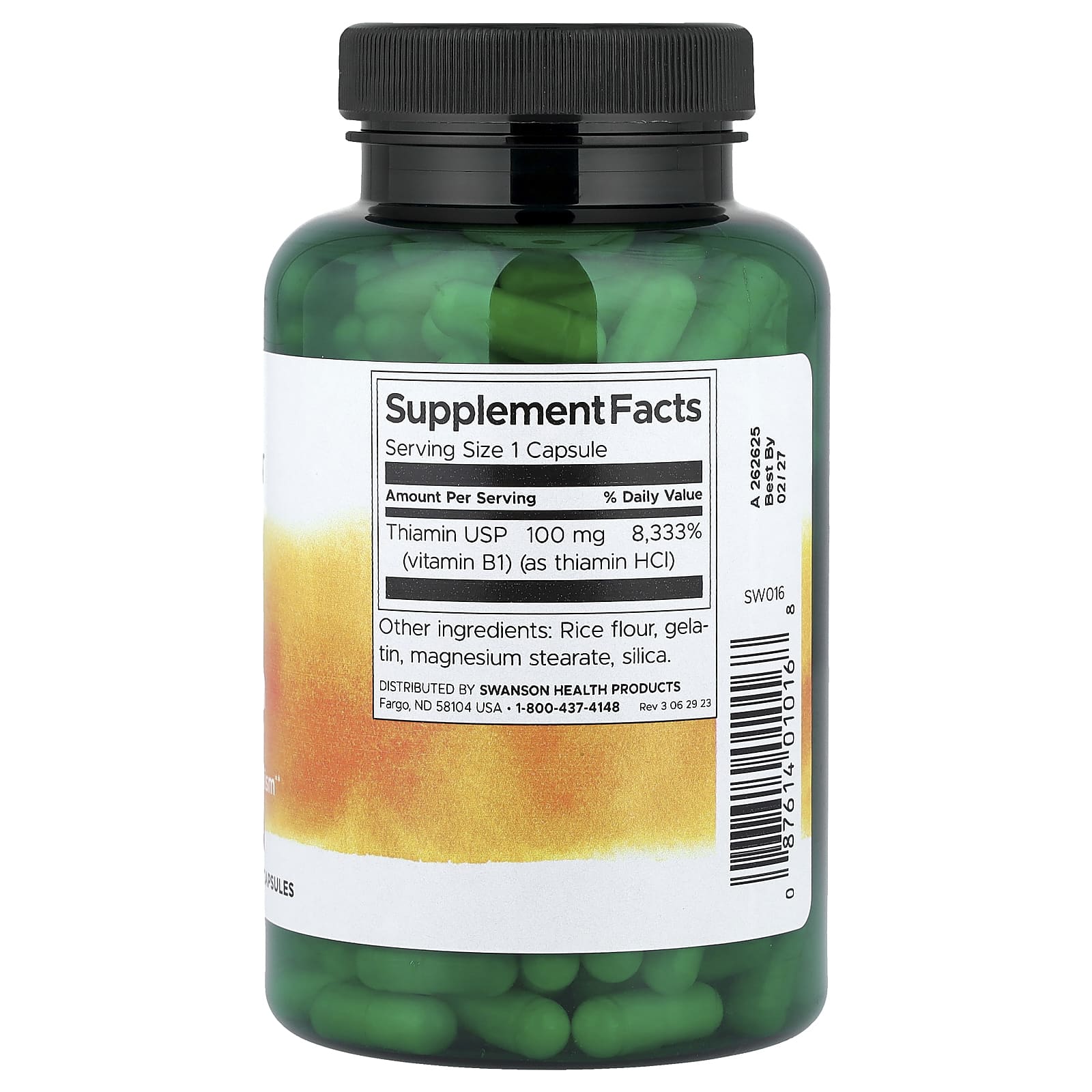 Swanson Vitamin B-1 baksida näringsfakta