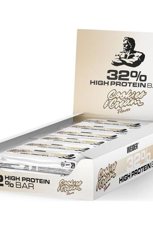 Weider 32% High Protein Bars display box with Cookies & Cream flavor, promoting muscle building and great taste.
