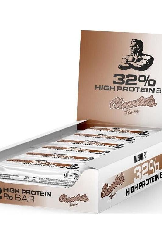 Weider 32% High Protein Bar in a box with chocolate flavor packaging, ideal for muscle building and strength.
