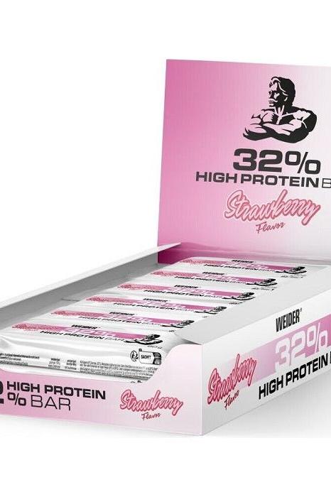 Weider 32% High Protein Bar box featuring strawberry flavor, ideal for muscle building and snacks.