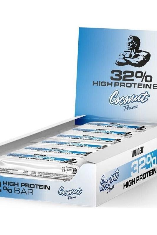 Weider 32% High Protein Coconut Flavor Bar box with bars inside, ideal for muscle building and strength training.