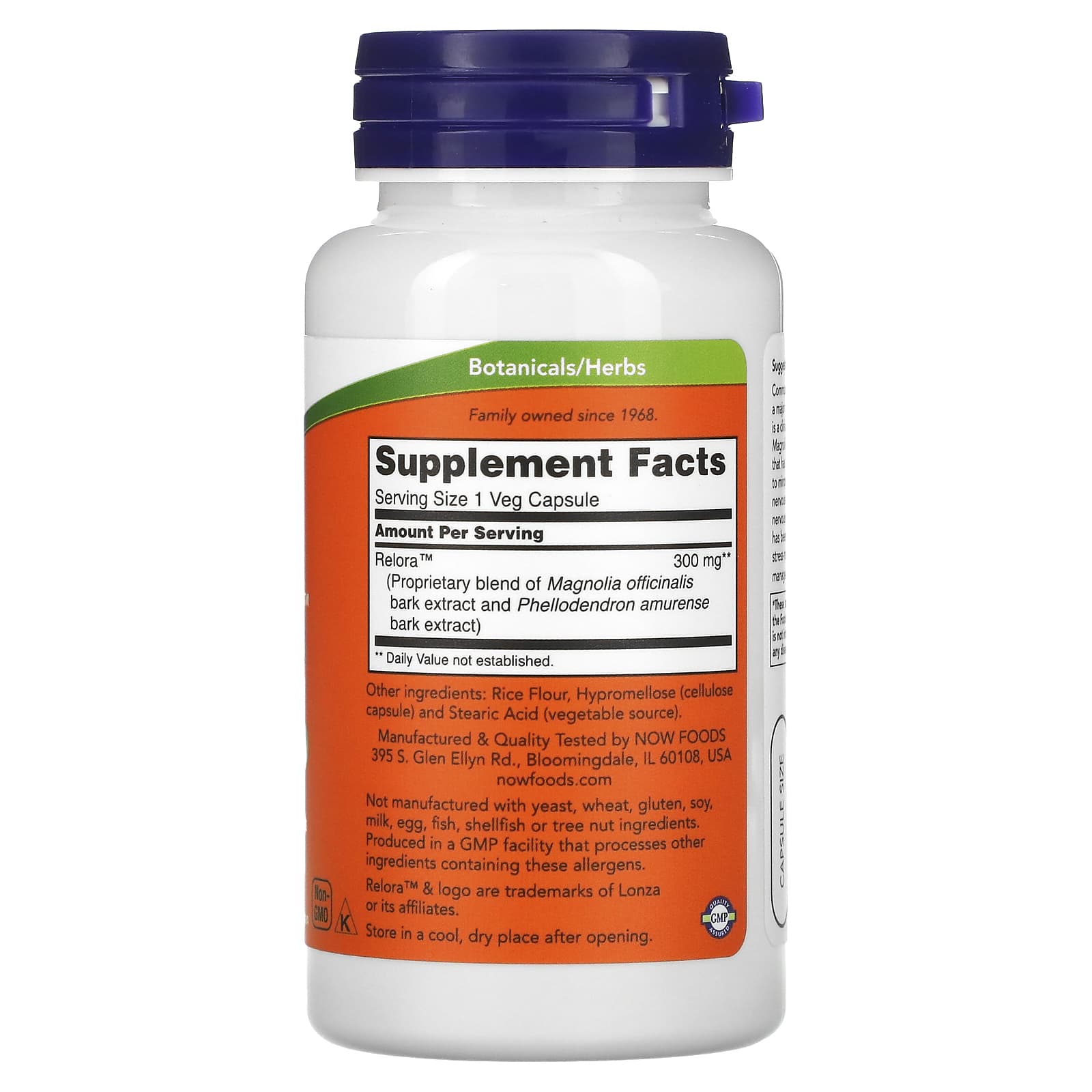 NOW Foods Relora 300mg baksida näringsfakta