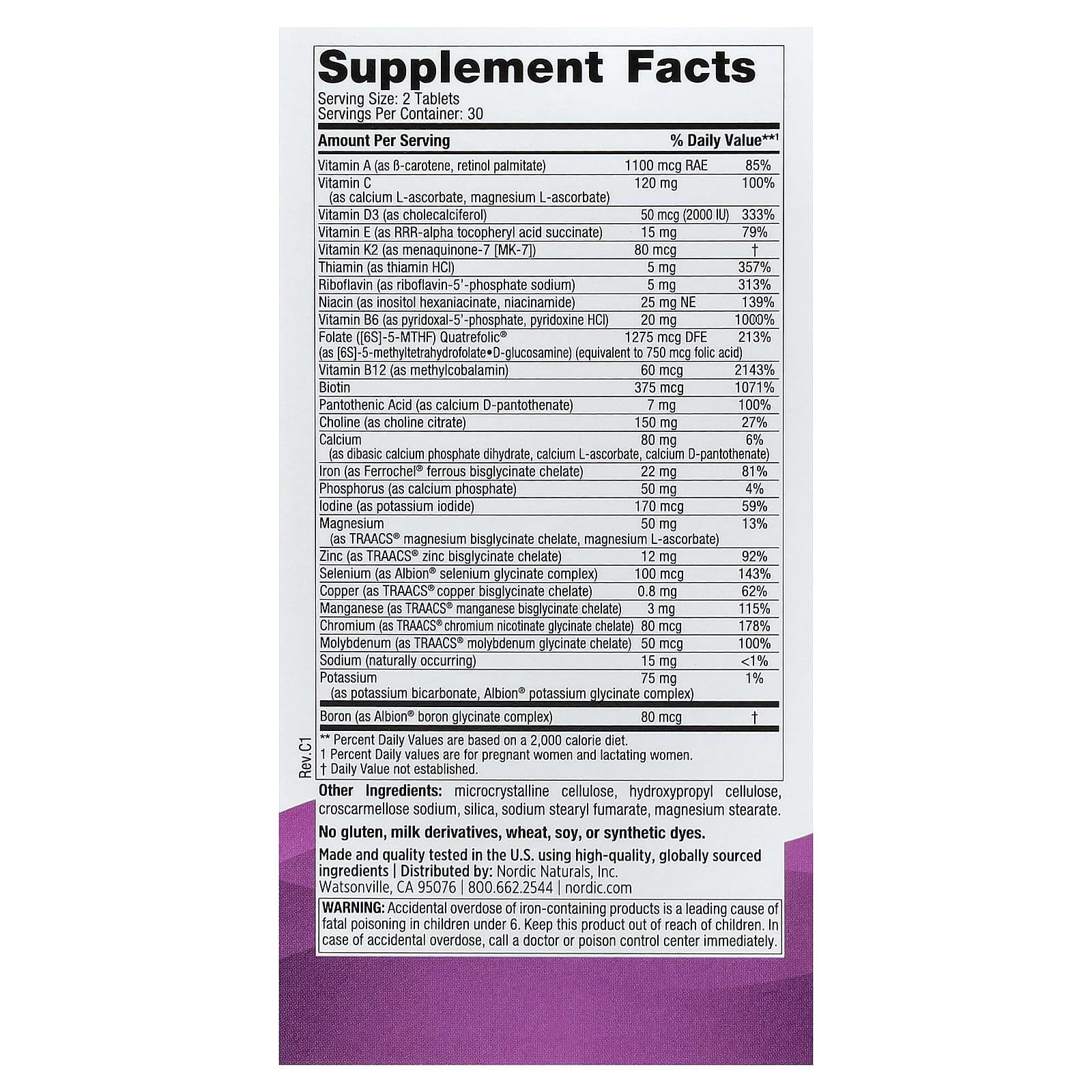 Prenatal Multivitamin ingredienslista etikett