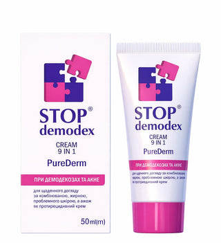Stop Demodex Cream 9 In 1 PureDerm baksida med ingredienser