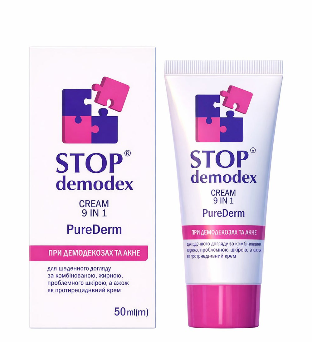 Stop Demodex Cream 9 In 1 PureDerm baksida med ingredienser
