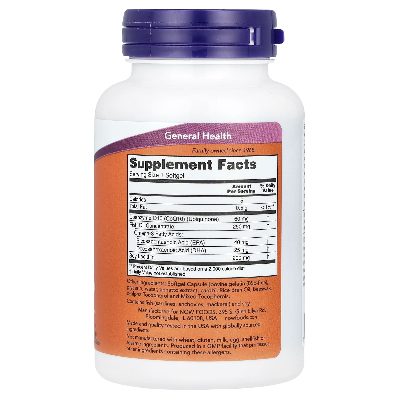 CoQ10 med Omega-3 ingredienser & etikett