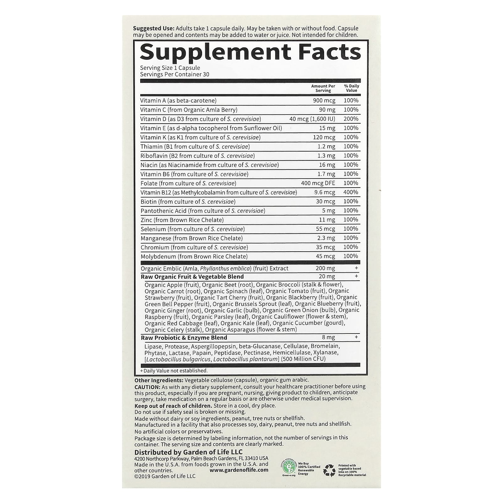 Vitamin Code Raw One För Män näringsfakta