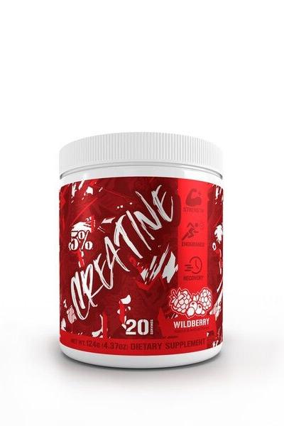 5% Nutrition Code Red Creatine powder container, wildberry flavor, dietary supplement for improved strength and endurance.