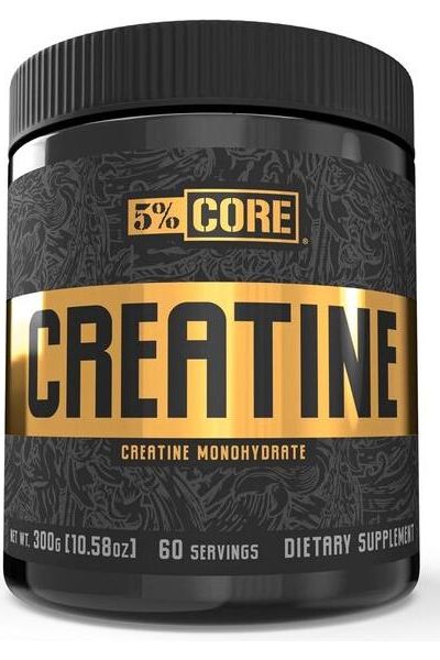 5% Nutrition Creatine Core Series 300g supplement container with label highlighting muscle strength and performance.