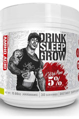 5% Nutrition Drink Sleep Grow Night Time Amino Acid container, 30 servings, supports muscle recovery and growth.