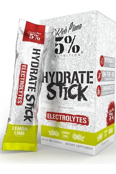 5% Nutrition Hydrate stick packs with electrolytes, lemon-lime flavor, 10 sticks for healthy smoothies and energy boosts.