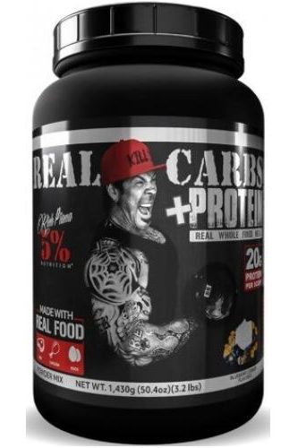 5% Nutrition Real Carbs + Protein supplement container, 20g protein per serving, designed for bodybuilders.