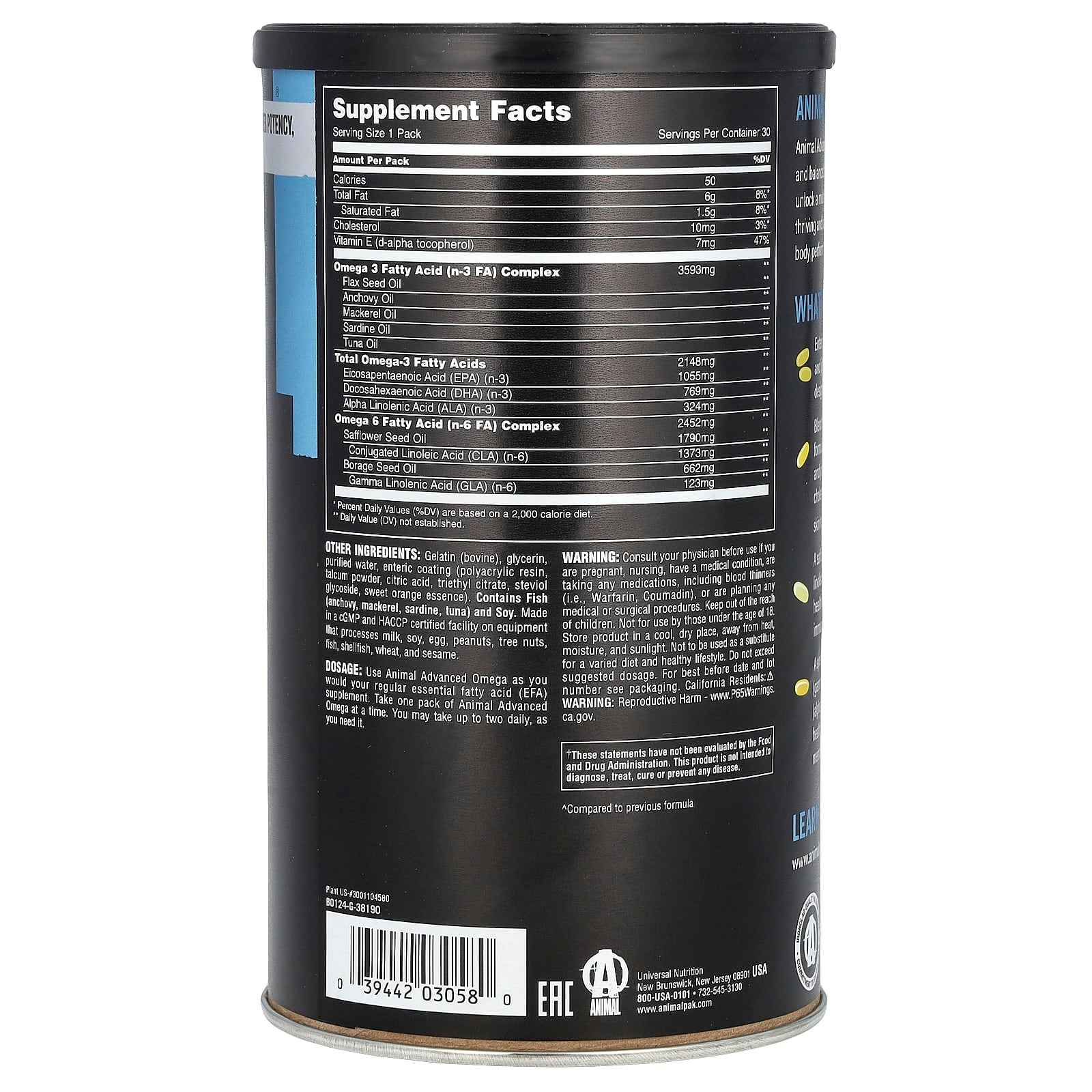 Universal Nutrition Advanced Omega näringsfakta