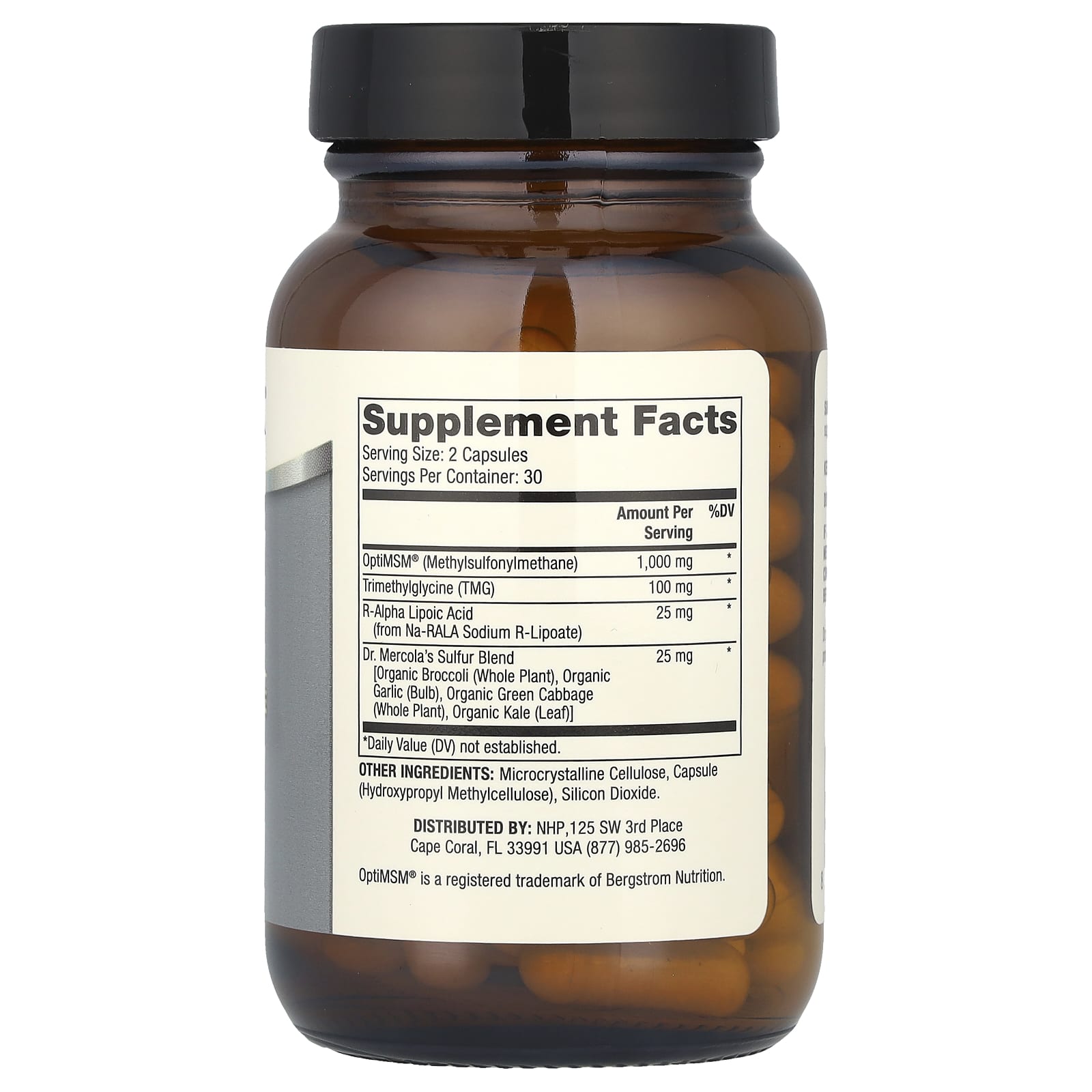 Dr. Mercola MSM Sulfur Complex baksida näringsfakta