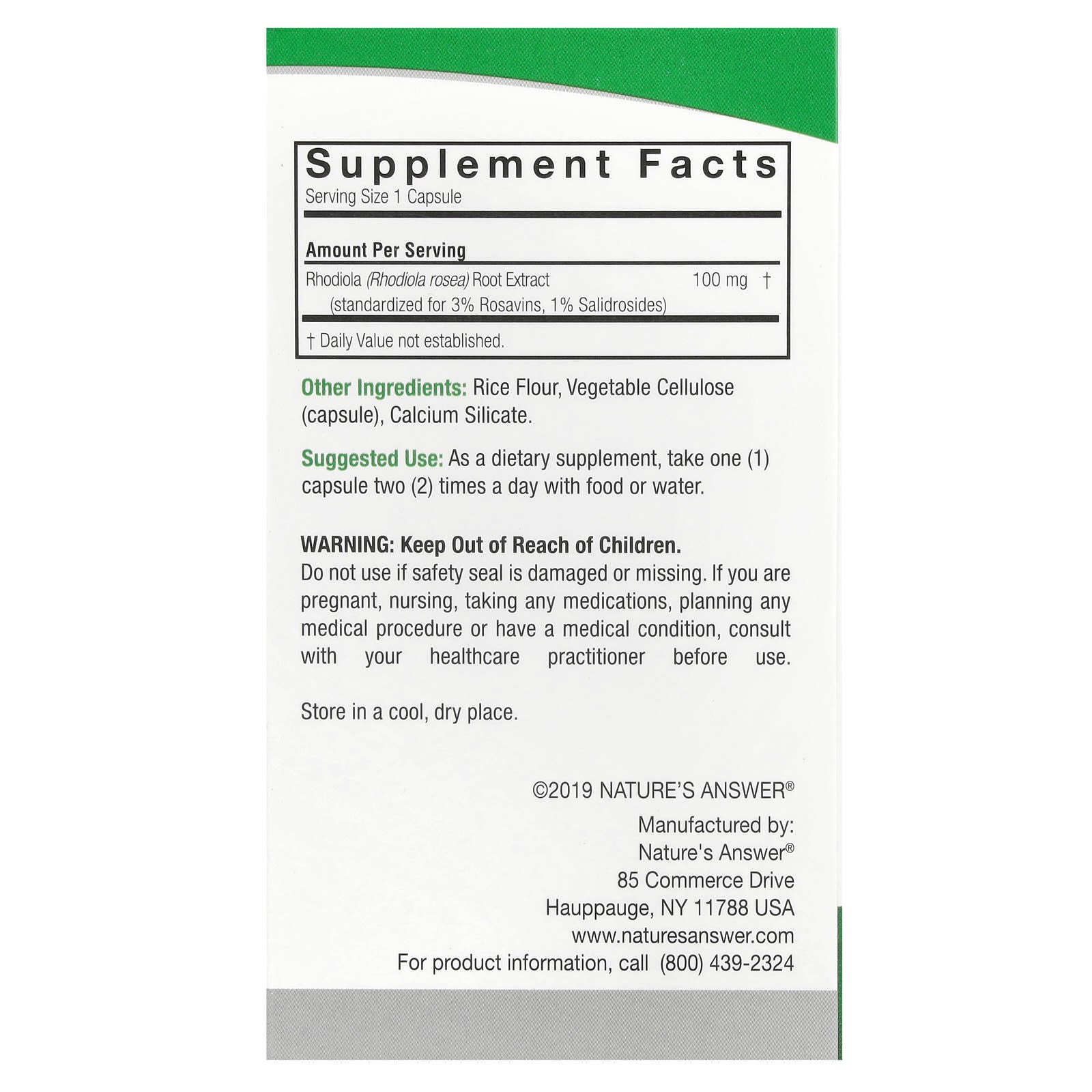 Nature'S Answer - Rhodiola Root, 100mg - 60 Vcaps