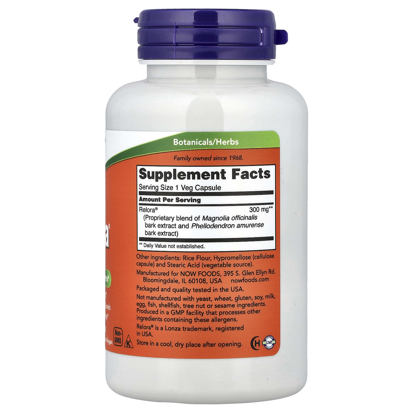 NOW Foods Relora 300mg varningstexter märkning