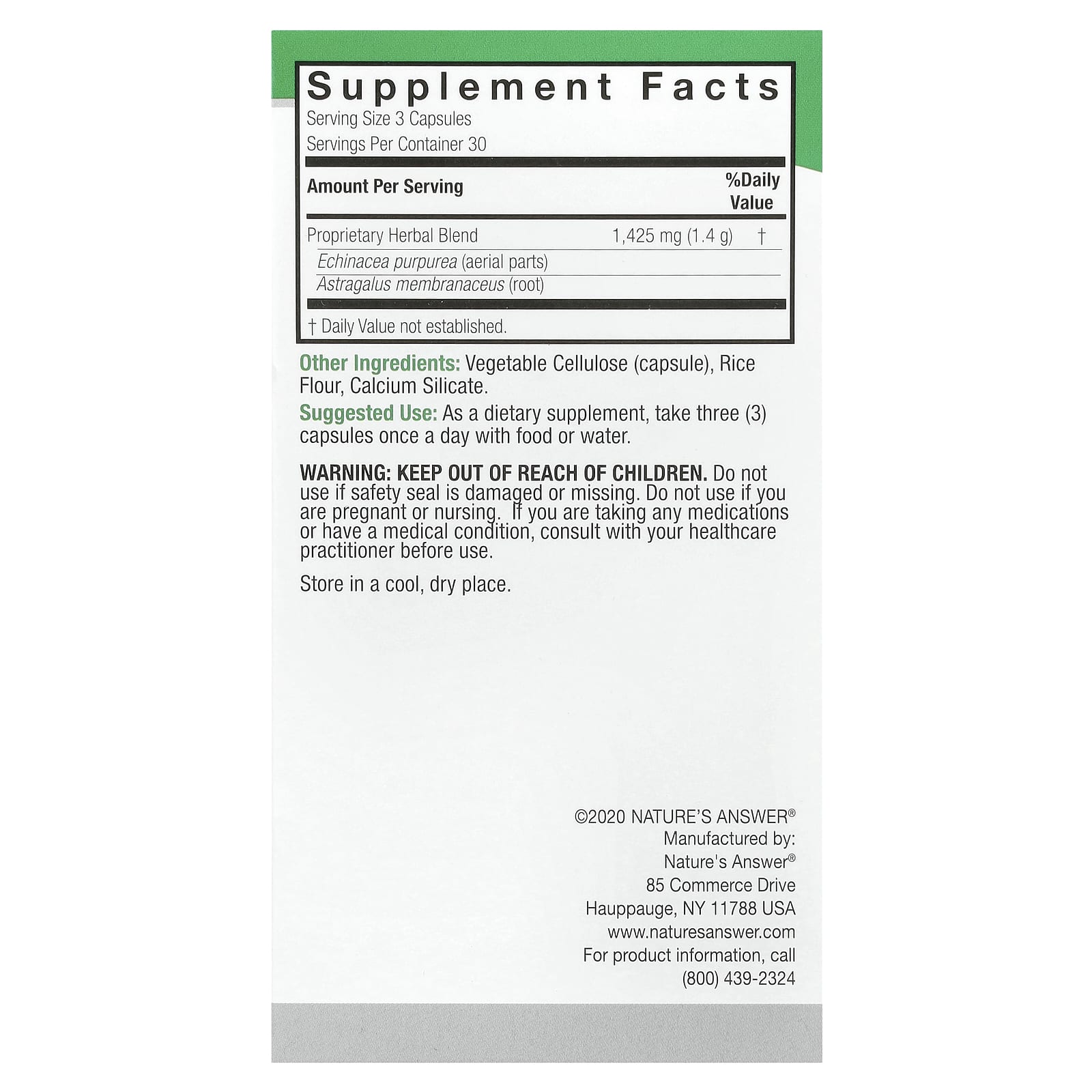 Nature's Answer Echinacea & Astragalus ingredienser