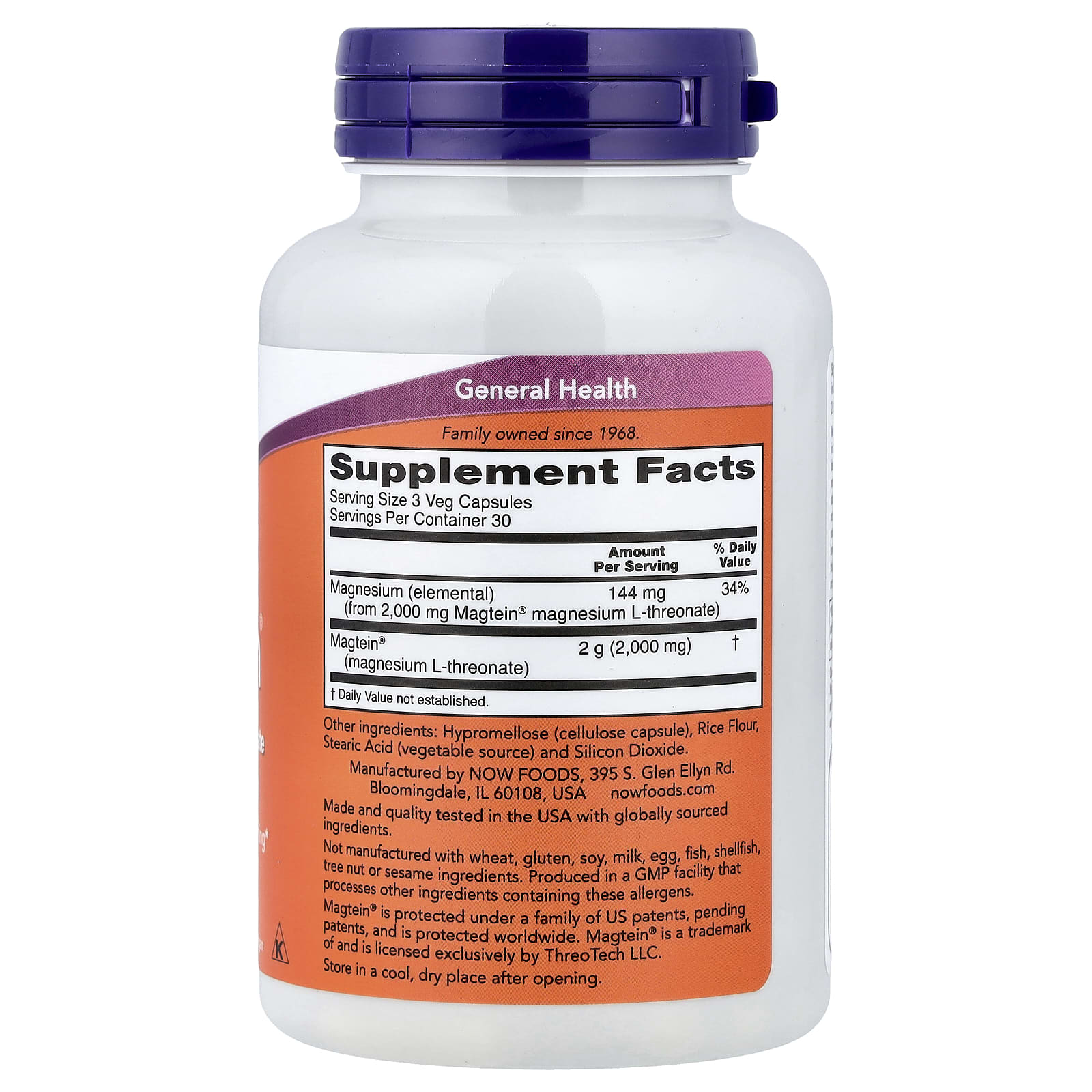 NOW Foods Magtein förpackning från sidan