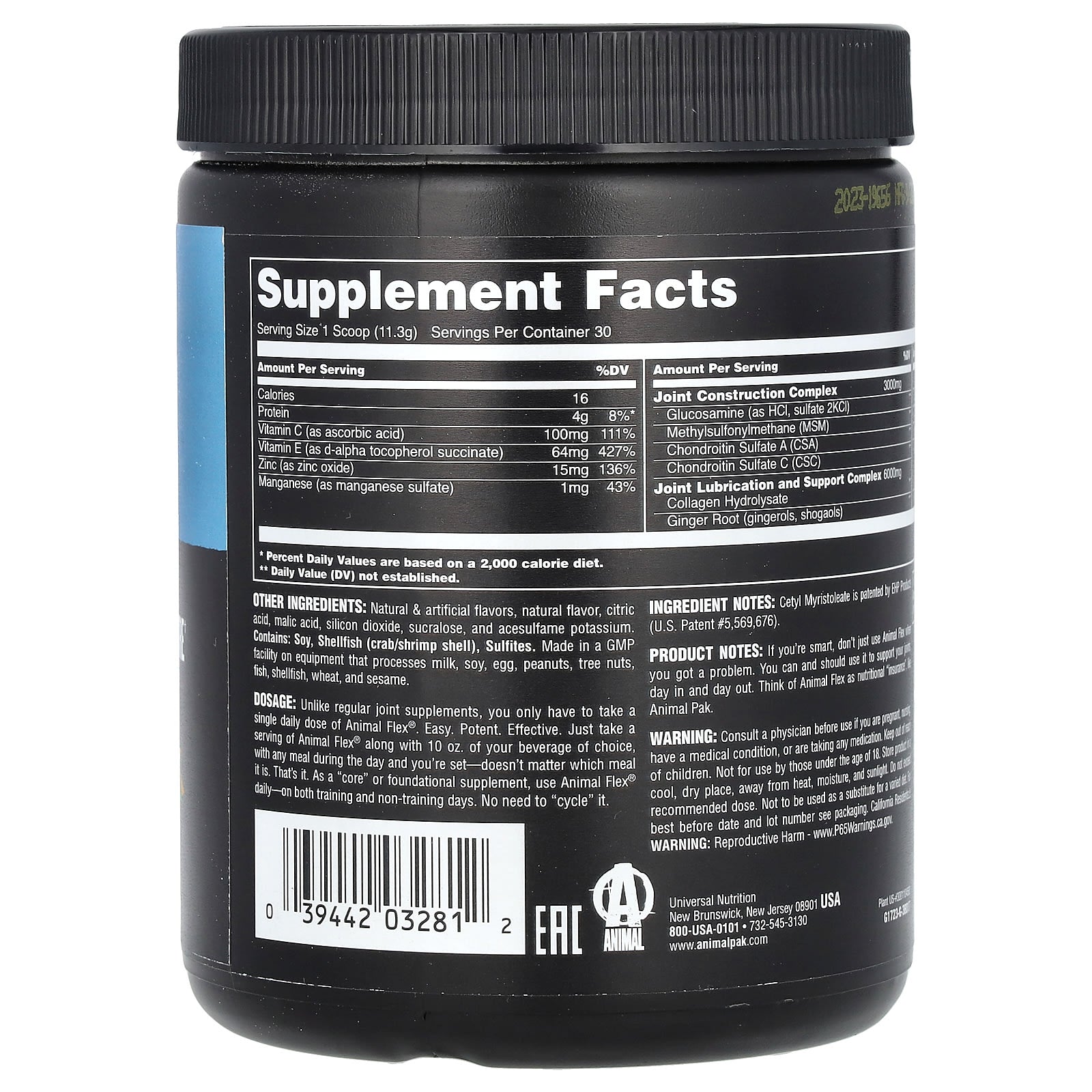 Animal Flex ingredienser & etikett detalj