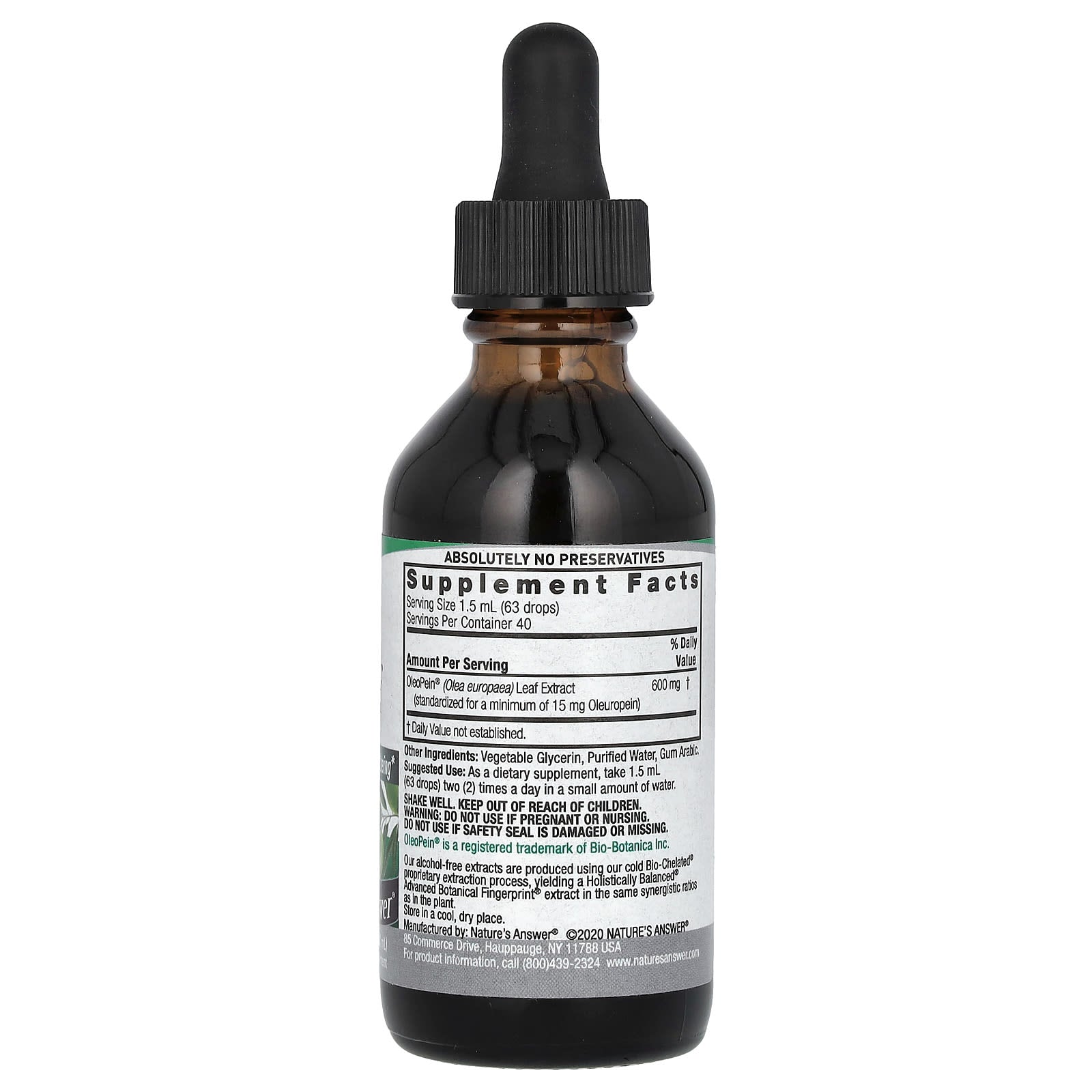 Nature's Answer Olive Leaf Extract näringsfakta