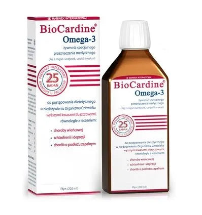 Biocardine Omega-3 250ml baksida med näringsinformation