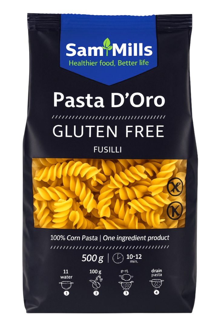 SamMills Gluten-Free Pasta baksida med näringsinformation