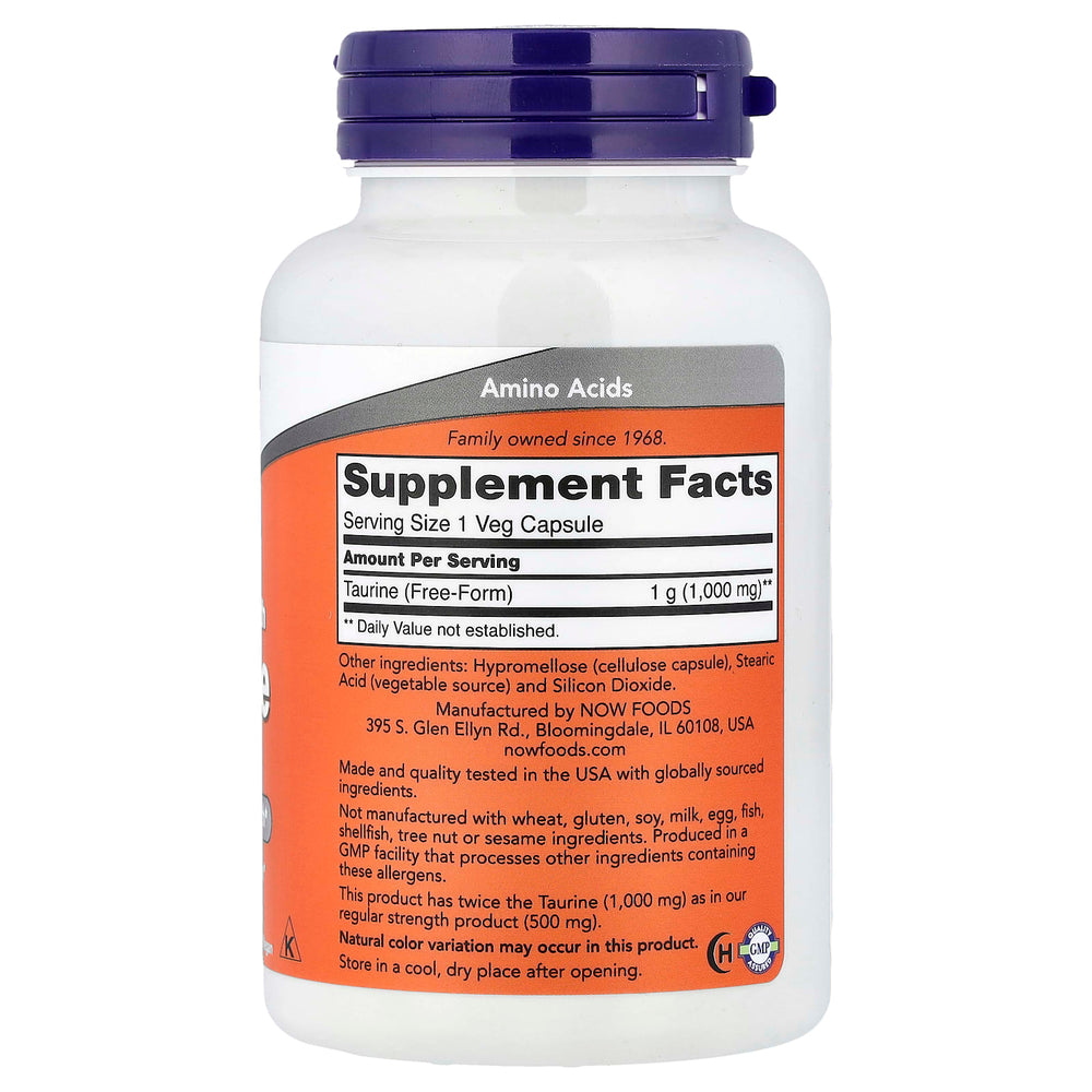 NOW Foods Taurine Double Strength 1000mg baksida
