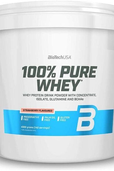 BioTech USA 100% Pure Whey protein powder in a white container, strawberry flavor, gluten-free and preservative-free.