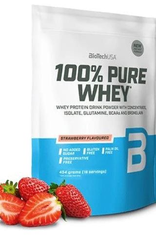 BioTech USA 100% Pure Whey protein powder with strawberry flavor, gluten-free and no added sugar, 454g.
