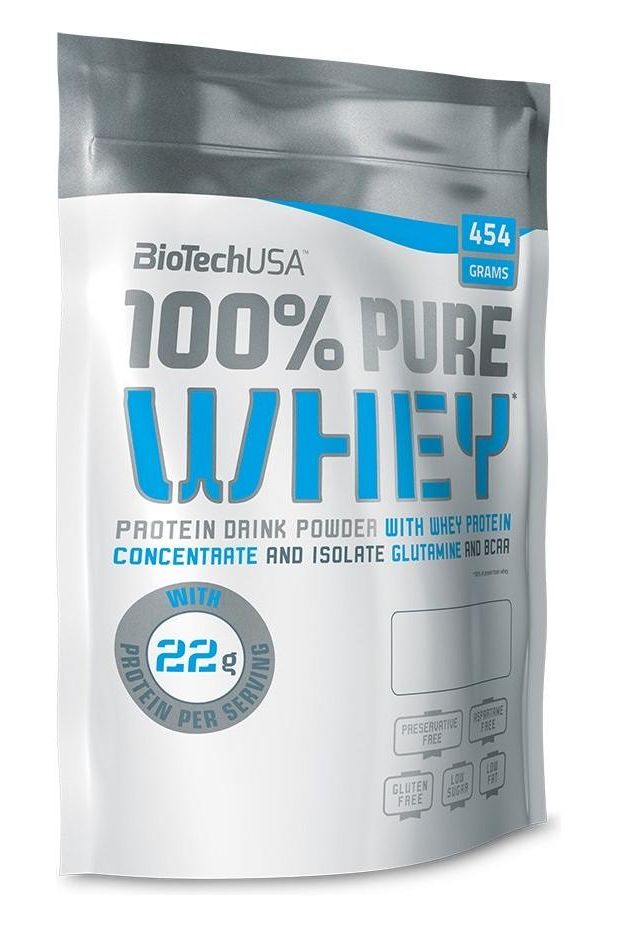 BioTech USA 100% Pure Whey protein powder bag, 454 grams, with 22g protein per serving, gluten-free and sugar-free.